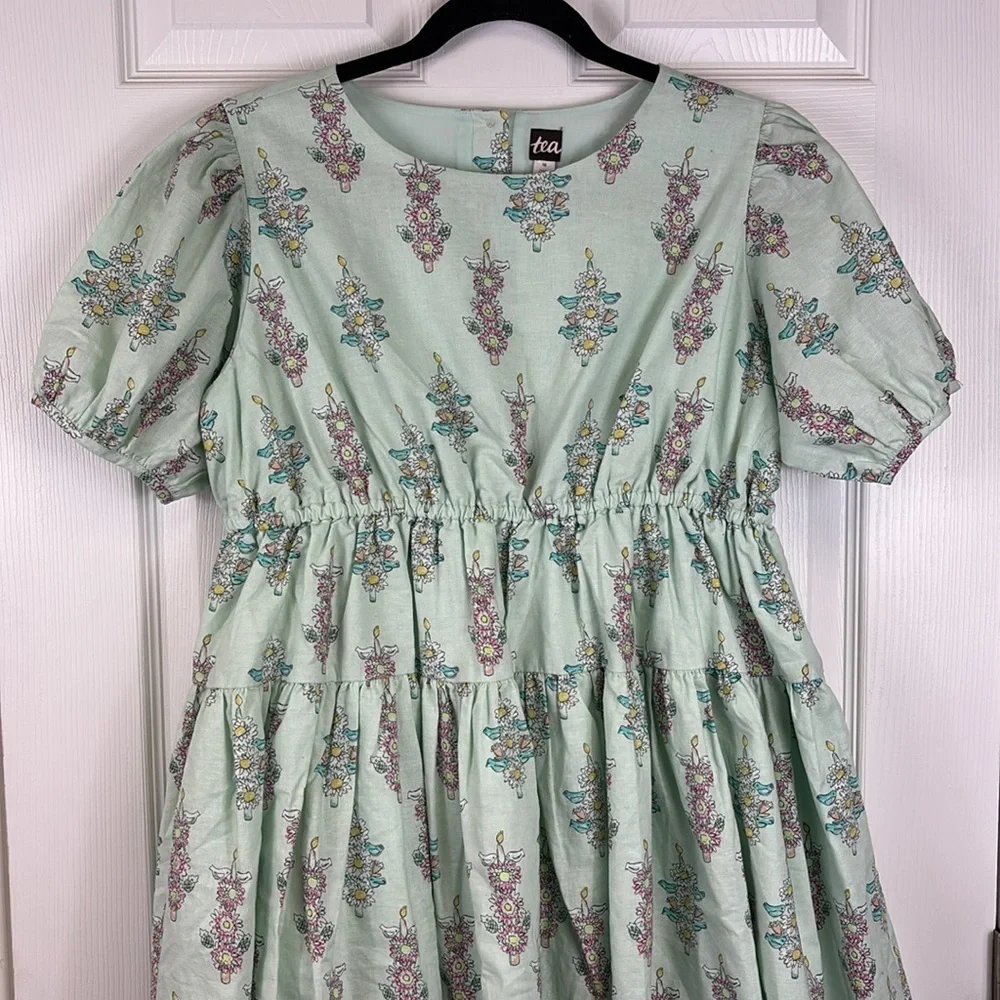 NWT Tea floral puff sleeve linen blend skirted dress sz 16